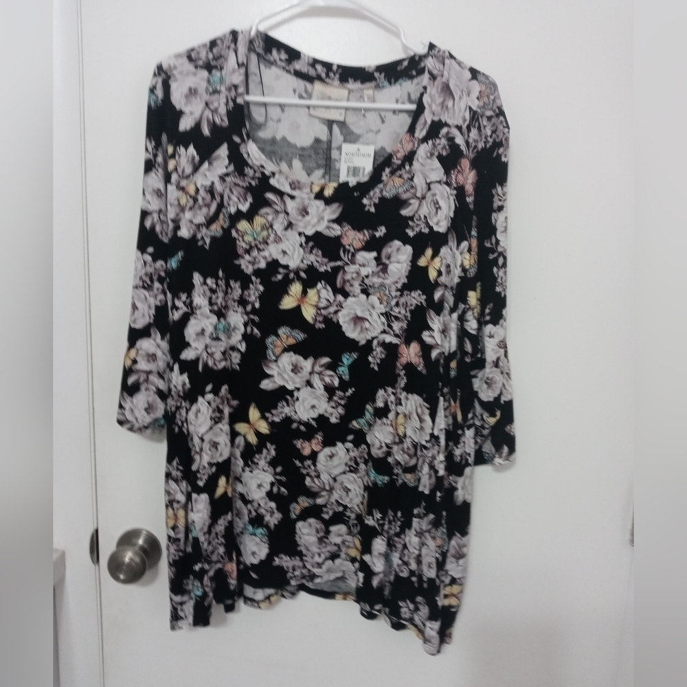 Dantelle black Floral and Butterfly 3/4 Sleeve Tunic blouse Nordstrom 1X New